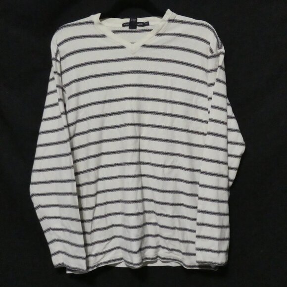 CLUB MONACO | medium | 100% Cotton | White Striped Textured V-Neck Sweater - Picture 1 of 16